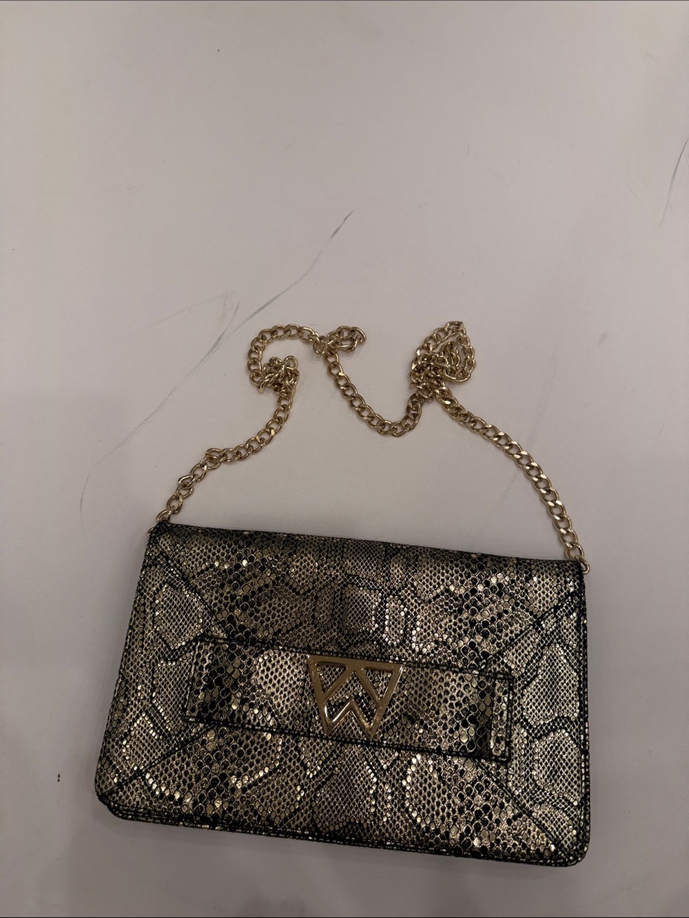 Metallic Gold Snake-Embossed Bag with detachable gold shoulder strap